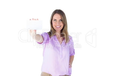 Portrait of a beautiful casual businesswoman showing a sign