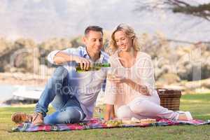 Smiling couple sitting on picnic blanket and pouring wine in gla