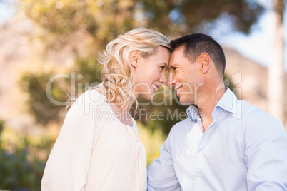 Smiling couple embracing and looking at each other intensively