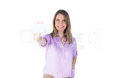 Portrait of a beautiful casual businesswoman showing a sign