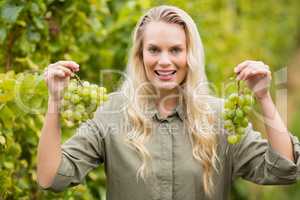 Smiling blonde winegrower holding grapes