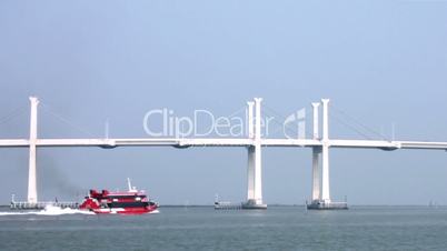 Jetfoil sailing under the Friendship bridge, departing from Macau to Hong Kong