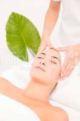 Attractive woman receiving facial massage at spa center