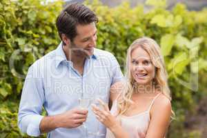 Young happy couple smiling at camera and toasting