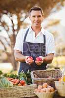 Smiling farmer holding two red apples