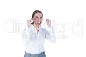 Businesswoman cheering and yelling