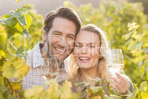Young happy couple holding glasses of wine