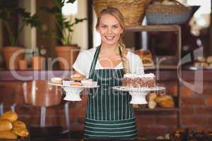 Pretty waitress holding a chocolate cake and cupcakes