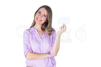 Portrait of a beautiful casual businesswoman showing a sign