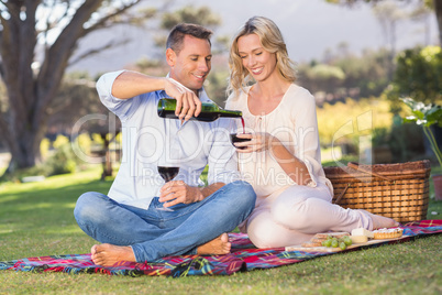 Smiling couple sitting on picnic blanket and pouring wine in gla