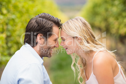 Young happy couple smiling at each other