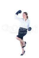Pretty businesswoman wearing boxes gloves