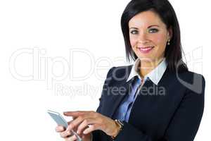 Happy businesswoman sending a text