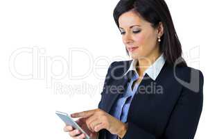 Happy businesswoman sending a text