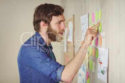 Bearded hipster looking at brainstorm wall