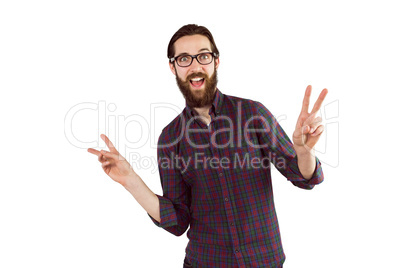 Handsome hipster showing peace sign
