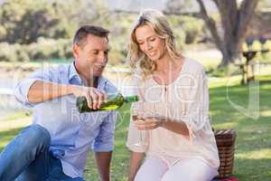 Smiling couple sitting and pouring wine in glass