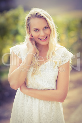Pretty blonde woman looking at the camera