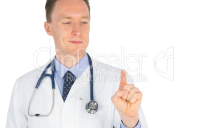 Smiling doctor writing with fingers