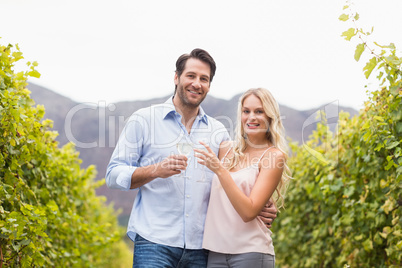 Young happy couple smiling and toasting