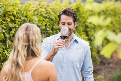 Young happy couple tasting wine