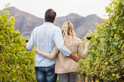 Rear view of a young happy couple holding glasses of wine