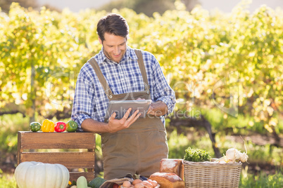 Smiling farmer using a digital tablet