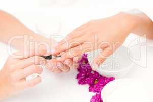 Beautician applying nail varnish to female clients nails