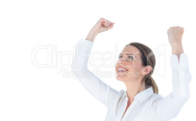 Close up of a businesswoman cheering with arms up