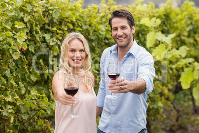 Young happy couple offering wine