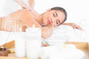 Attractive woman receiving back massage at spa center