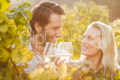 Young happy couple holding glasses of wine