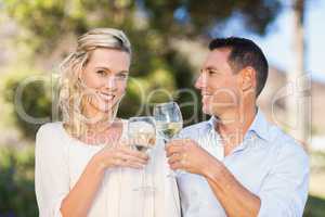 Portrait of smiling standing couple drinking wine and toasting