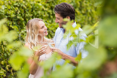 Young happy couple smiling at each other and toasting