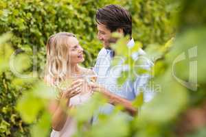 Young happy couple smiling at each other and toasting