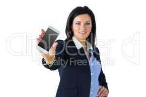 Happy businesswoman showing her phone