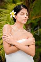 Pretty woman preparing herself for spa day