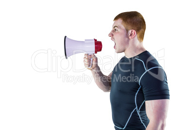 Angry rugby player yelling through the megaphone