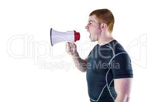 Angry rugby player yelling through the megaphone