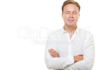 Young man with closed eyes isolated on white