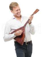 Excited young man playing balalaika, isolated on white