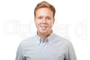 Smiling blond man in shirt isolated on white