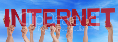 Many People Hands Holding Red Straight Word Internet Blue Sky
