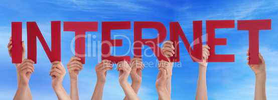 Many People Hands Holding Red Straight Word Internet Blue Sky