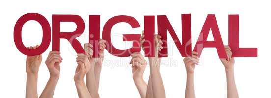 Many People Hands Holding Red Straight Word Original