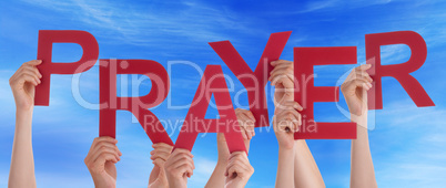 Many People Hands Holding Red Word Prayer Blue Sky