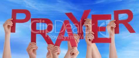 Many People Hands Holding Red Word Prayer Blue Sky
