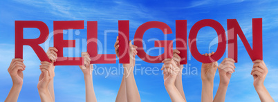 Many People Hands Holding Red Straight Word Religion Blue Sky