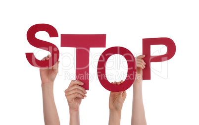 Many People Hands Holding Red Word Stop