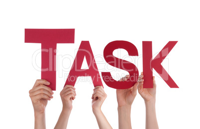 Many People Hands Holding Red Straight Word Task
